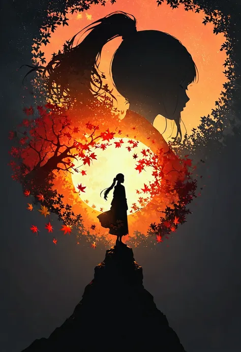 silhouette art,autumn leaves pattern on woman silhouette isolated on white background,(female silhouette: kimono: in the same wa...