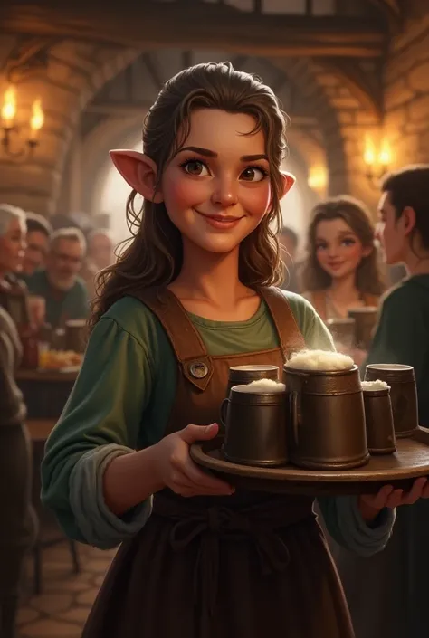 A 30-year-old dwarf medieval waitress,  wearing simple robes and apron ,  and carrying a tray loaded with iron mugs. Most festive expression.