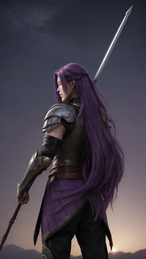 High resolution, Rear View, Long Hair, Purple Hair, Purple Armor,I have a long spear,Japanese style,Less exposure,silhouette, 