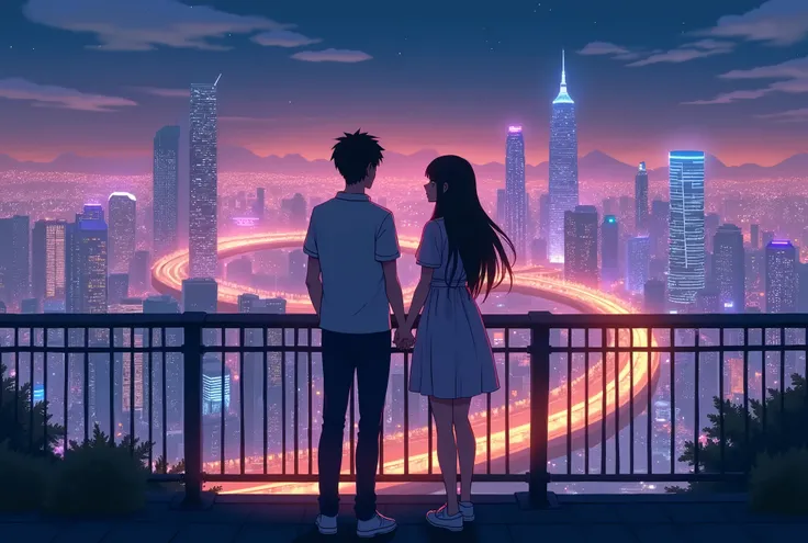  The main anime couple held hands and enjoyed the city view from the balcony，Flashing neon lights，ROMANTIC SCENE ，Standing with their backs to the camera ，close up， away from the camera ，more 
Time 。