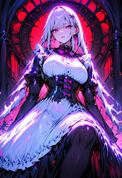 Young beautiful woman,(Best Quality,Extremely detailed depiction, Incredibly Absurd Hi-Res, anatomically accurate depiction ),(Black and white gothic maid outfit,Maid Skirt,corset,Black tights),(Silver Hair,Purple Eyes,Eyes half closed:1.3,Sulky look:1.3,B...