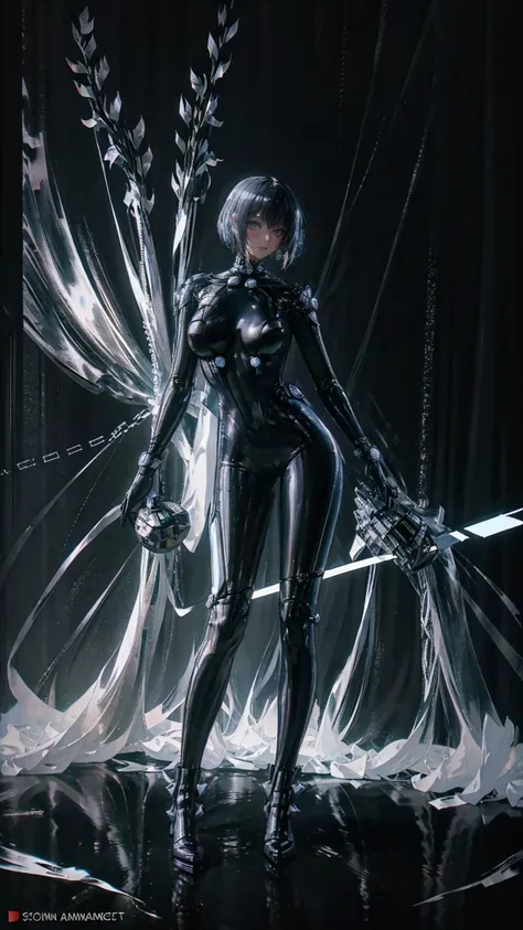 、The whole body is visible、Full body view、Head to toe drawing、beautiful, Shiny futuristic woman, Complex Circuits, Neon-like colors,   cyberpunk style  , Advanced Technology,   digital art, Advanced Details, Realistic,  dramatic lighting,   dynamic poses  ...