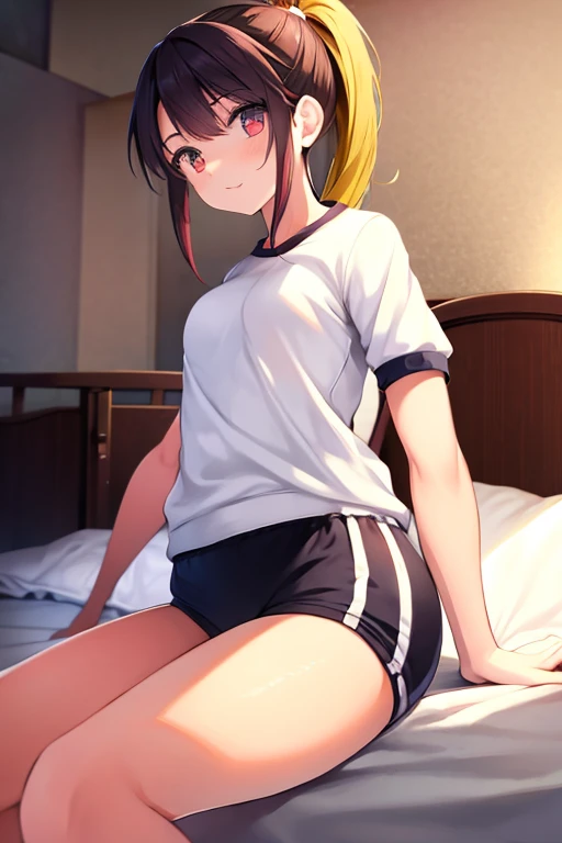  1 girl , ponytail,Gym clothes,university student,On the bed