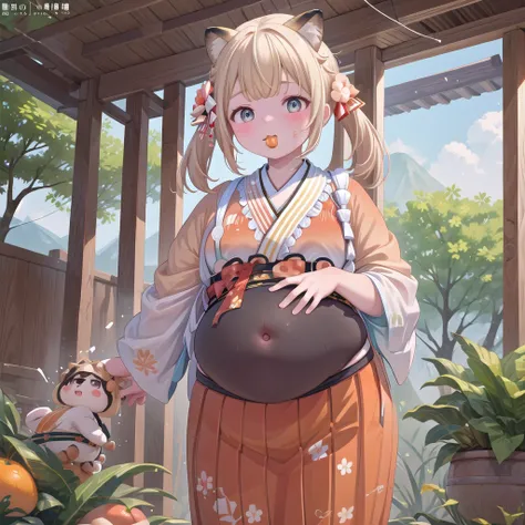 Feng Zhen　ABC、obesity、Details、Wide、Waist 2m、Pregnant belly、Burp,、forced diet、Big eater、overeating、obesity体型、Big belly、 Hololive、IrohaNewYears, animal ears, animal ear fluff, twintails, floral print, orange kimono, hakama skirt