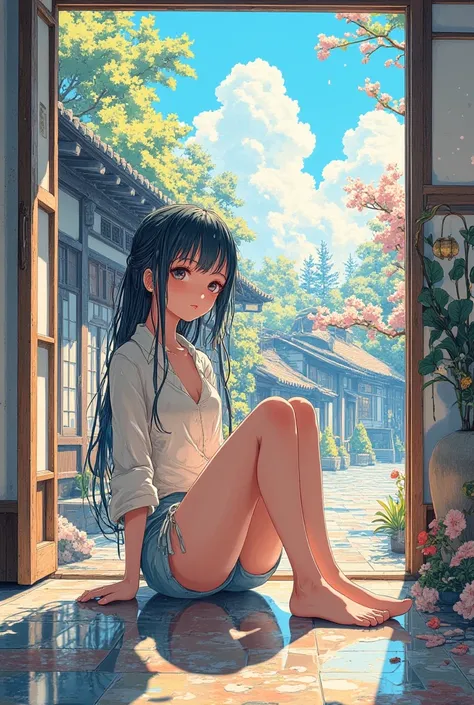 masterpiece , 1girl, complex art, ultra detailed illsutration,A barefoot woman sits on the floor of a traditional Japanese room, gazing softly at the viewer.she looks at us, she is in front of us,She is framed by the open shoji doors, beyond which the inte...