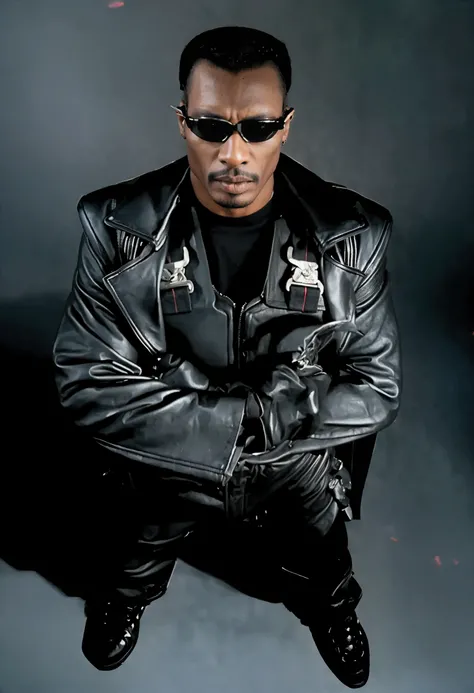 there is a man in a leather jacket and sunglasses posing for a picture, dressed in biker leather, blade, dressed in black leather, leathery, snoop dogg in mortal kombat, wearing a full leather outfit, inspired by Mustafa Rakim, portrait of snoop dogg, snoo...