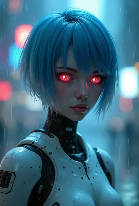 1girl, solo, breasts, looking at viewer, short hair, bangs, red eyes, closed mouth, blue hair, upper body, white hair, blurry, from side, lips, depth of field, blurry background, glowing, letterboxed, science fiction, rain, android, cyborg, robot joints, c...