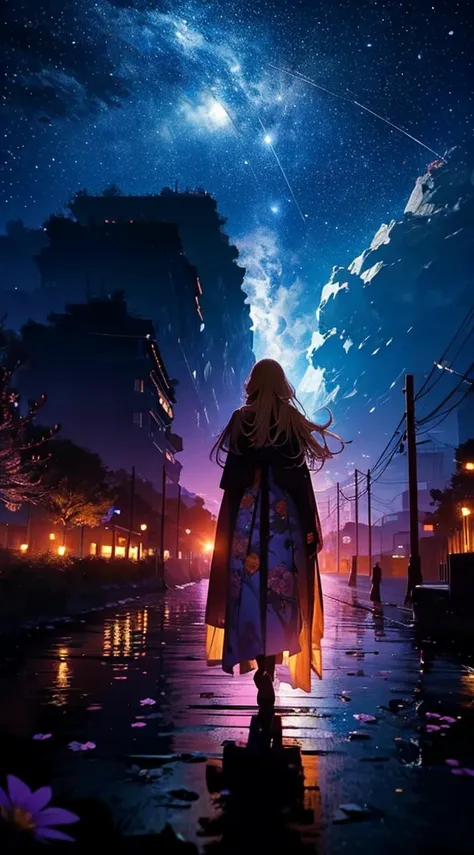 １people々々々,Blonde long hair woman，Long coat， Dress Silhouette， Rear View，Universe ，，night，moon，Colorful flowers