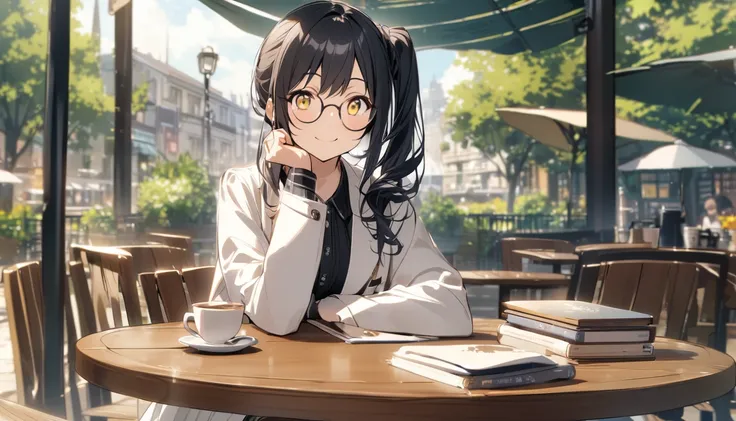 One Woman、Black Hair、 side ponytail 、Yellow Eyes、Round Glasses、White coat、smile、Outdoor cafe 、 coffee on the table、Books。