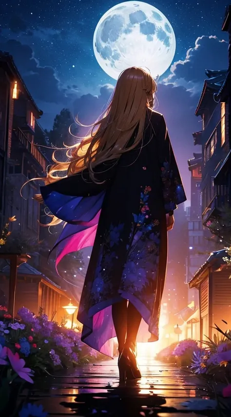 １people々々々,Blonde long hair woman，Long coat， Dress Silhouette， Rear View，Universe ，，night，moon，Colorful flowers