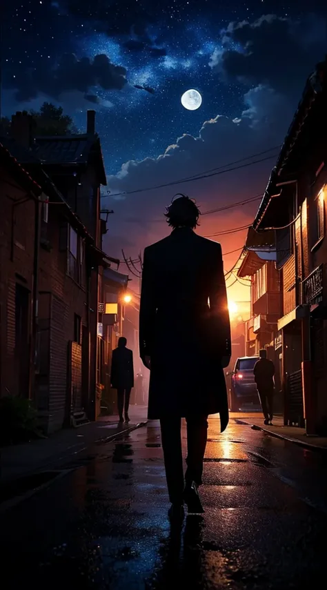 １people々，Short hair men，Tall，Long coat， Silhouette in a suit，， Rear View，Universe ，，night，moon，