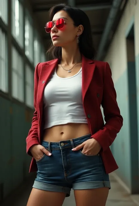 A low-angle shot of a tall italian woman prisoner standing confidently, looking upward slightly with a determined expression. She wears a white tshirt undercut and red flanel suit, red sunglasses with reflective lens, revolver in hand, and is adjusting her...