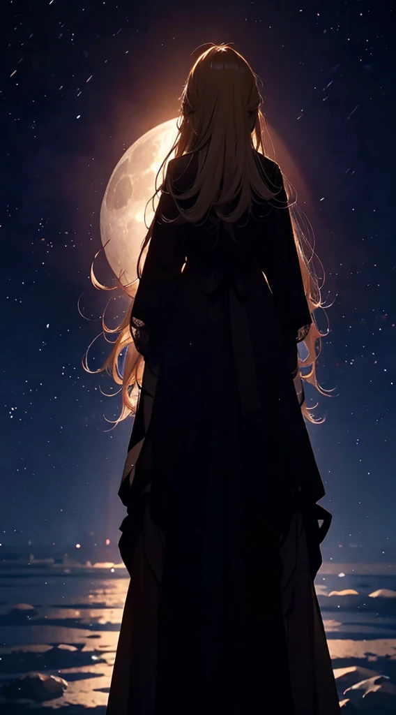 １people々々々々,Blonde long hair woman，Long coat， Dress Silhouette， Rear View，Universe ，，night，moon，