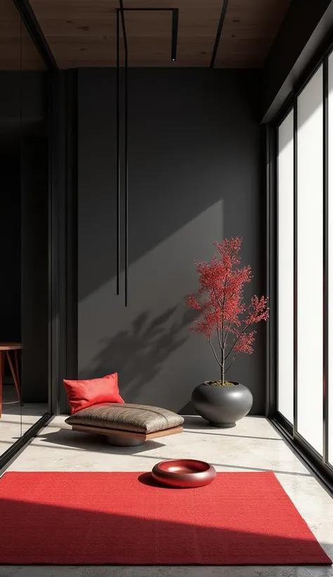 interior view of residential building, Japanese origami style with black and red Zen furnishings