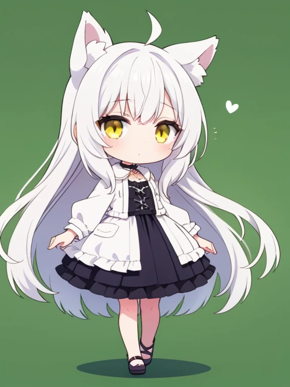 green background,white long hair,yellow eyes,1girl,full body,chibi,animal ears