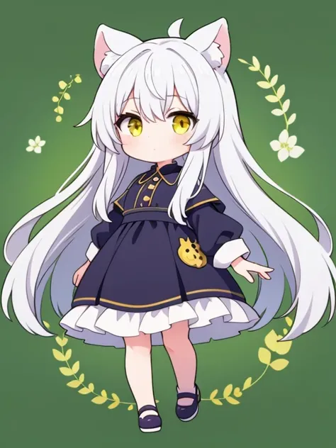 green background,white long hair,yellow eyes,1girl,full body,chibi,animal ears