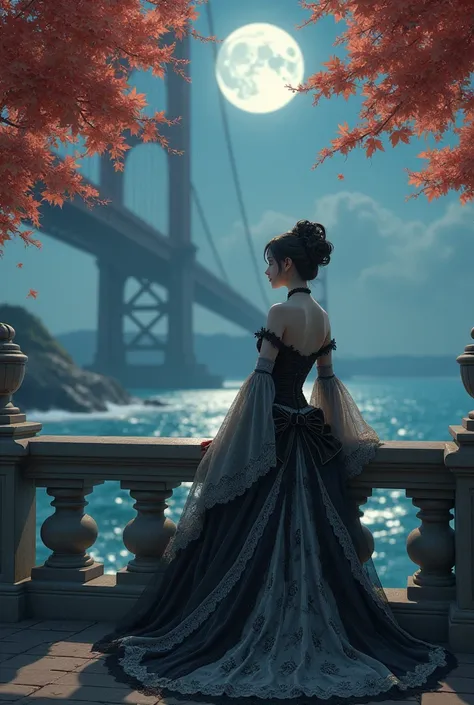 a japanese girl,  Victorian gothic clothes with maple trees in the background ,   leaning on a large bridge near the ocean  ,  Looking at the starry sky on a full moon night ,  Wearing 