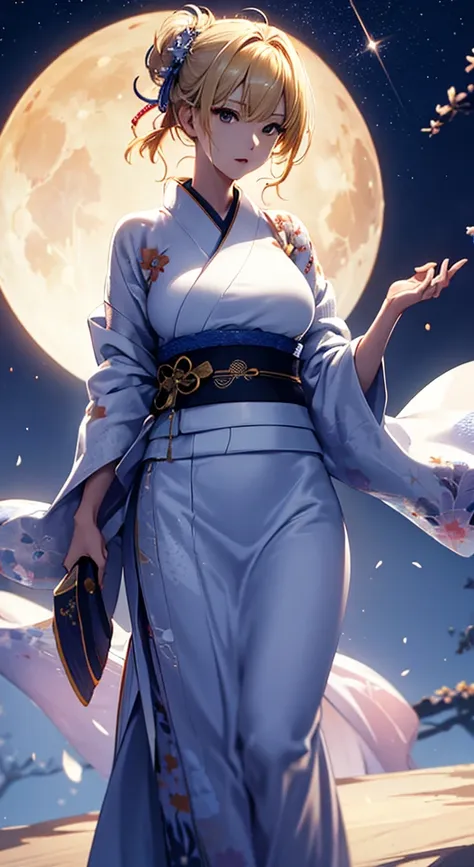 masterpiece, High image quality, 4K, Beautiful design, silhouette，blonde， 非常に詳細な夜のStarry Sky,， wonderful, Delicate details,  Very knowledgeable woman , Highly detailed solo, 1 female,Big Breasts，White yukata，Night view，Starry Sky，full moon，