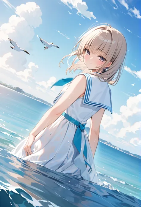 ((masterpiece,best quality)), mizunashi akari, uniform, dress, white dress, have, sailor collar, ocean, on the water, null, clou...