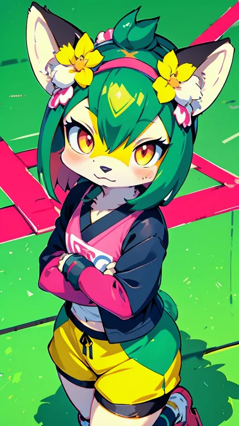 narrow, cyberpunk, (Japanese, samurai), 1 woman, wakame, Cherry on the forehead, ((Mechanical Gym Clothing, Green colors, Amerindian and pink)), green background, night, Chibi, best quality, best masterpiece,  high definition, 16k, 1 capybara, 1 fox, 1 Pig...