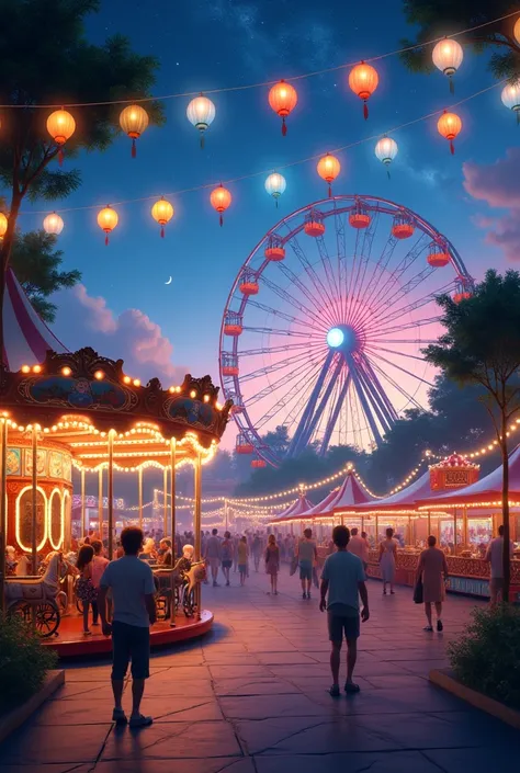 in the midst of a balmy summer evening, the amusement park unfurls its enchantment under a starlit sky, the crescent moon castin...