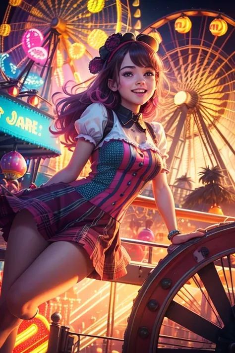 a bright and colorful amusement park, 1girl riding a ferris wheel, happy expression, detailed face, detailed clothing, intricate mechanical structures, neon lights, amusement park rides, roller coasters, carousels, cotton candy, popcorn stands, detailed te...