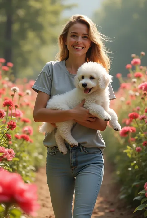 Beautiful woman,Wearing a gray t-shirt,walk, is carrying a poodle puppy((White fluffy fur )) in the middle of a flower garden 