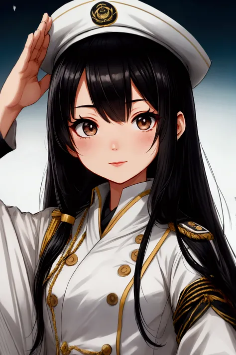 Chibi、Female admiral、Japanese、 black hair long straight、naval salute、White Uniform