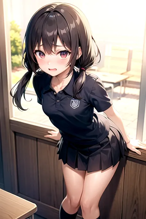   anime girl  、  Twin Tail、Normal chest、Blushing、 embarrassed look、Navy blue polo shirt、  pleated skirt 、Knee-high socks、Leaning forward、Looking up、First-person view、School、stage