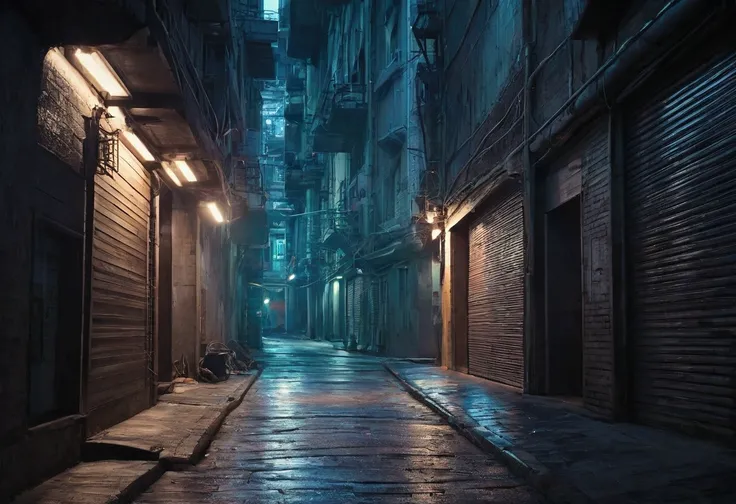 Futuristic alleyway with a street in the background 