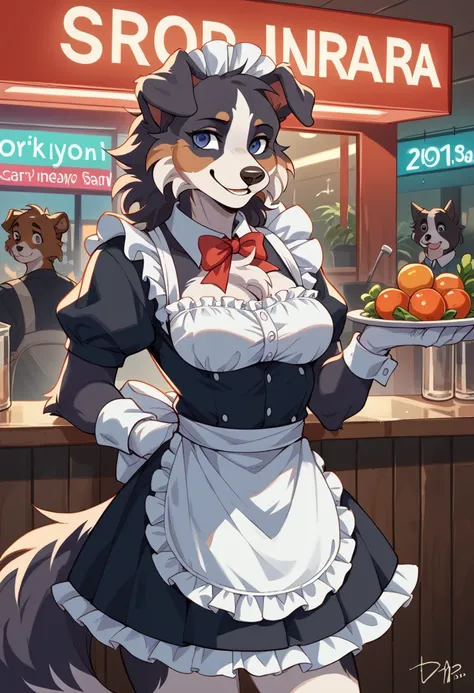 furry、woman、Border Collie、clerk、Maid uniform、Wide open chest、Short skirt、Night Bar、Neon Light、many furry、smile、 anime illustration