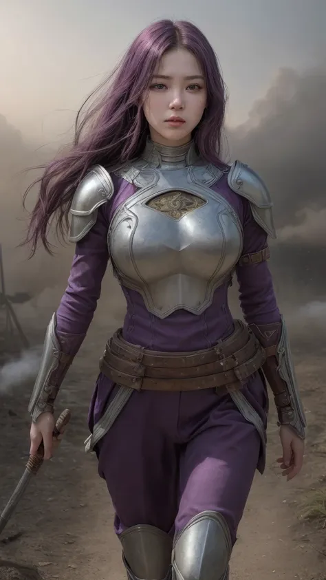 Create a hyper-realistic, cinematic image of a female warrior from the post-war era, now facing the viewer directly. Her long, flowing purple hair is still a prominent feature, with individual strands catching the light in intricate detail as they frame he...