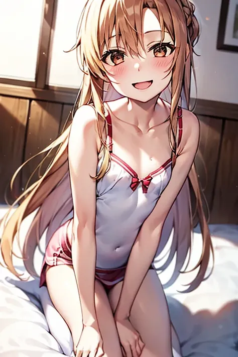 ((Best Quality)), ((masterpiece)), (be familiar with), Perfect Face, indoor, bedroom, Watching the audience,
One woman, Yuuki Asuna,
Open Mouth, Ecstatic expression, blush, smile,
Small breasts,  flat chest, , , child, Girl,
Long Hair, Long Hair,
Leg sprea...