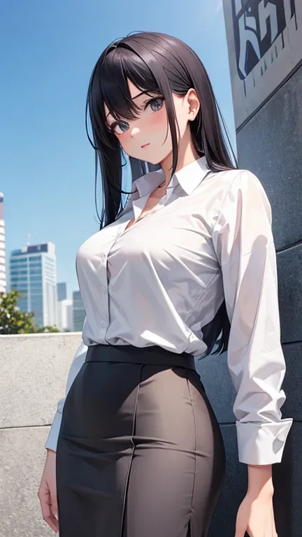 White shirt　Sexy woman in a gray suit skirt