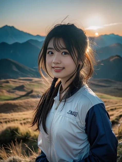 A beautiful Japanese woman is taking a break at the top of the mountain, smile, Mountains are visible in the distance, (Before sunrise, dim), Natural Light, competition cycle wear, hair over shoulder, Realism, cinematic lighting, 85mm, 35mm, f/16, cowboy s...