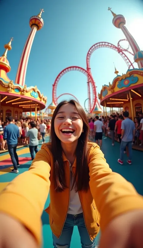 1girl, making selfie in Amusement Park, fisheye lens shot, queues and amusement park carousels in the background, super fun, cheerful and joyful, best quality, 8k, highres, masterpiece, ultra-detailed, photorealistic, HDR, studio lighting, vivid colors, pr...