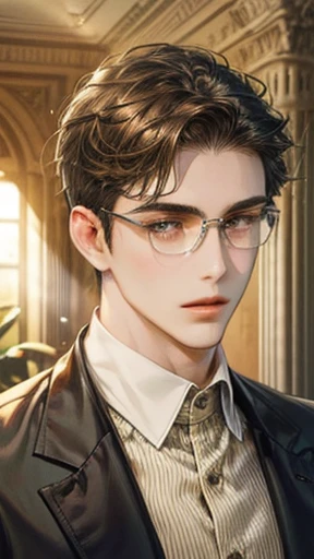  a young man. Mature. antique European style. short, dark brown hair with nape. 2/3 perspective. light olive skin. muscular, large chest Wear glasses,8k ,Clear picture