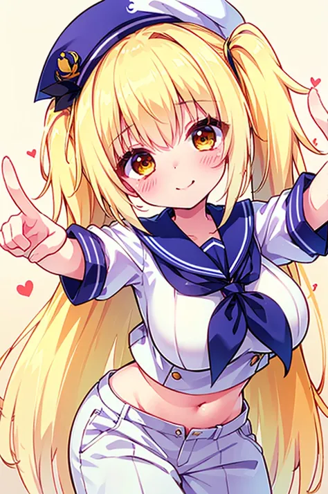 Twin-tailed golden-haired girl in sailor suit, Visible navel, Wear a hat and pants.a drawing of an anime character, clean line drawings, ultra cute girl, ultra cute face, ultra detailed eyes, ultra detailed hair, ultra cute, ultra beautiful, ((high end)), ...