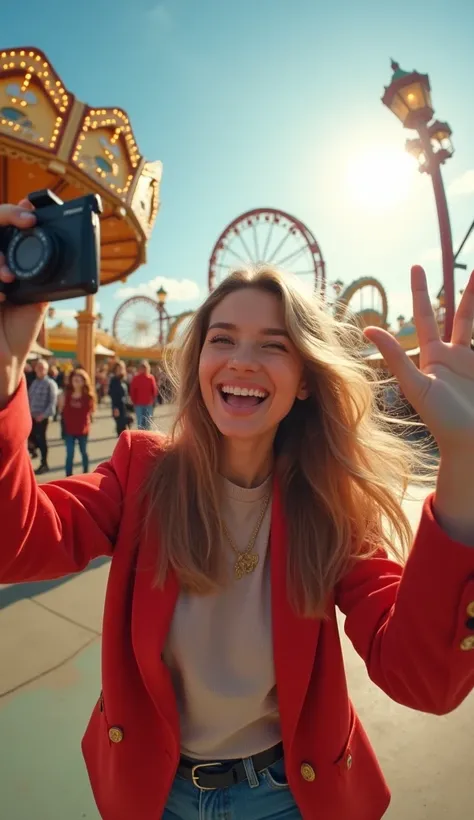 woman, making selfie in Amusement Park, fisheye lens shot, holding camera in one hand and make hand gest with second hand, queues and amusement park carousels in the background, super fun, cheerful and joyful, best quality, 8k, highres, masterpiece, ultra-...