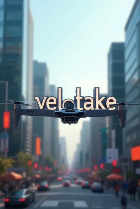 Drone flying a sign reading "VELOTAKE" placing the letter "E" at the end of the word "VELOTAKE"
