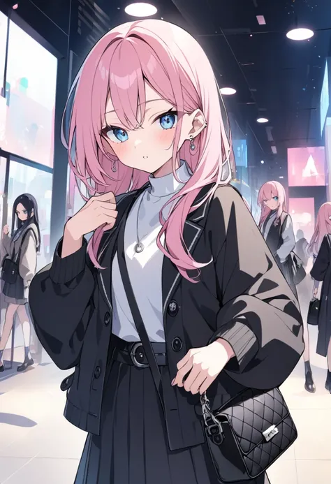 girl、Pink Hair、Blue Eyes、Slender、 has a black bag、Mode fashion 、 has silver earrings 