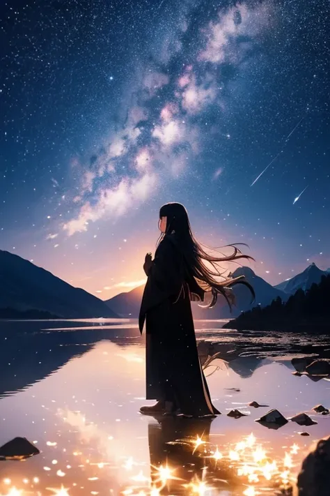 null, star, landscape， starnull, night, The Lady in the Back, nightnull, Alone, Outdoor, milky way, Standing, Long Hair, silhouette