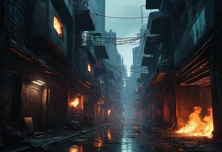 A dark, bleak ultra-futuristic and cyberpunk alleyway with a burning city in the far background, best quality, accurate 