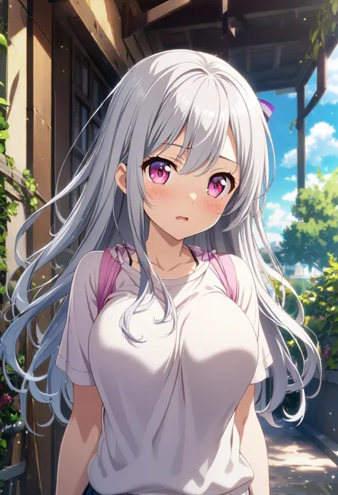 1girl, long hair, silver hair, pink eyes, teenage, 95cm breast, CG