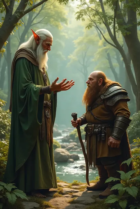 Elf explaining something to a confused dwarf 