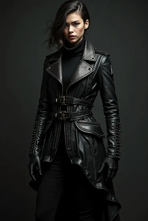 Masterpiece quality, a premium black leather jacket, layered, intense metallic work, scalar pattern, gothic design, knitted designs