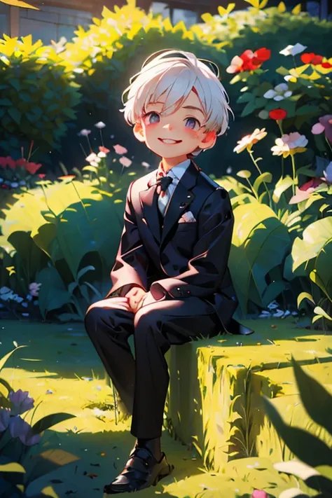 Perfect face. Perfect hands. A young white haired boy with red eyes in a Gothic suit is smiling while sitting in a pristine garden