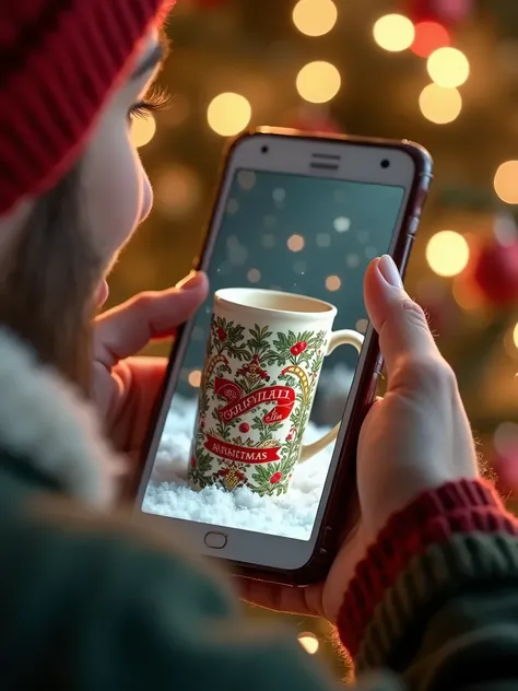 Create Image showing on the screen of a cell phone a mug with art of a Christmas print, a happy customer buying the art.