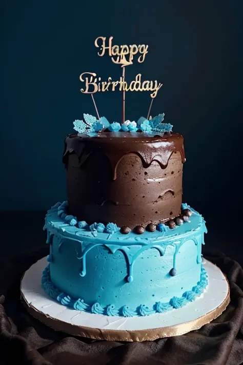 A delicious 3 tier birthday cake chocolate on a tablecloth in a sky blue background, intricate details, beautiful icing decorations, warm lighting, photorealistic, 8k, hyperdetailed, masterpiece