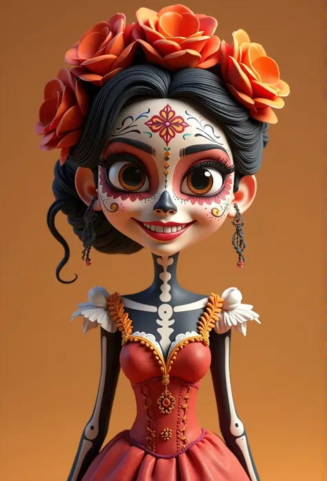 Cartoon character of a young woman smiling, looking to the front, looking to the front, day of the dead makeup, Celebrating the day of the dead, (day of the dead), ( day of the dead ), victorian dress and makeup for the Day of the Dead, ( ( day of the dead...